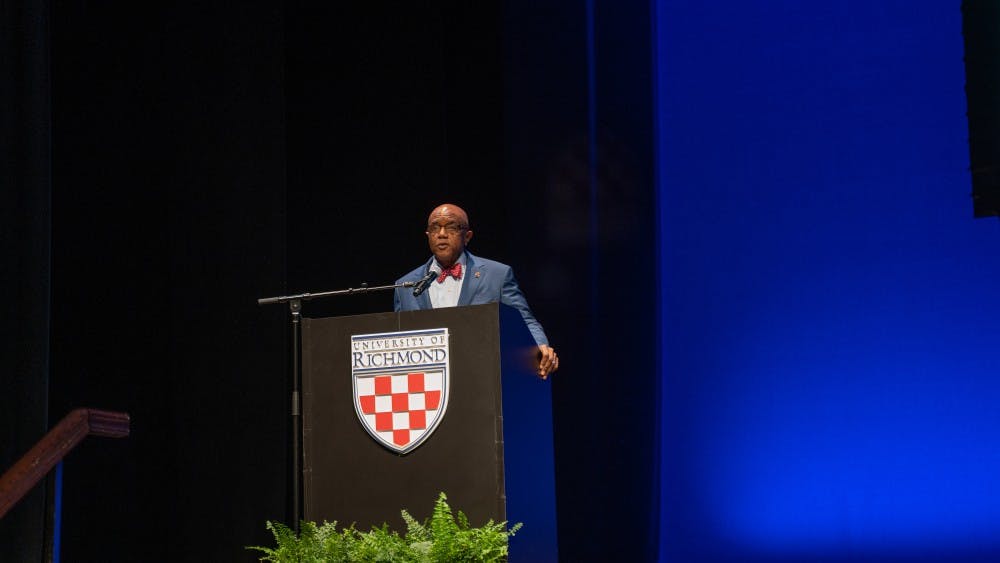 <p>President Crutcher speaks at his State of the University address.</p>