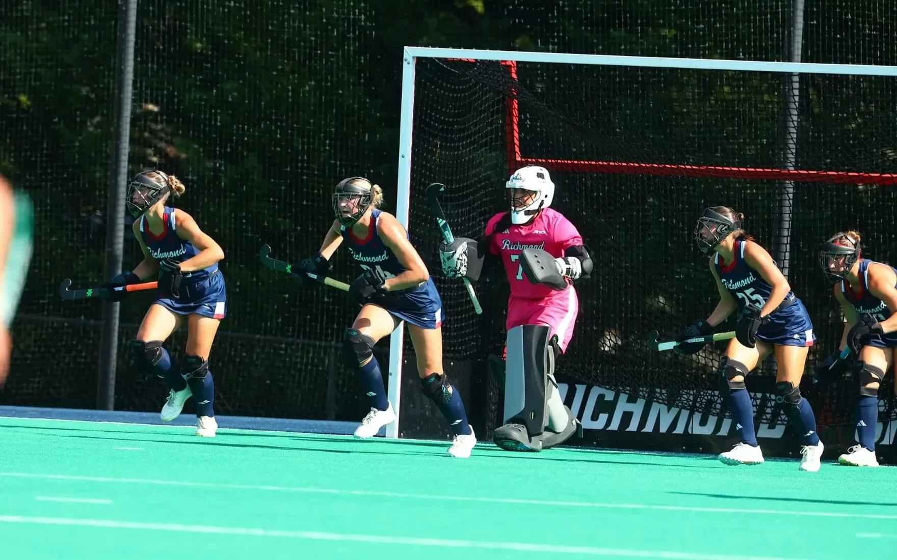 The UR field hockey team plays during its match against Temple University. Courtesy of Richmond Athletics