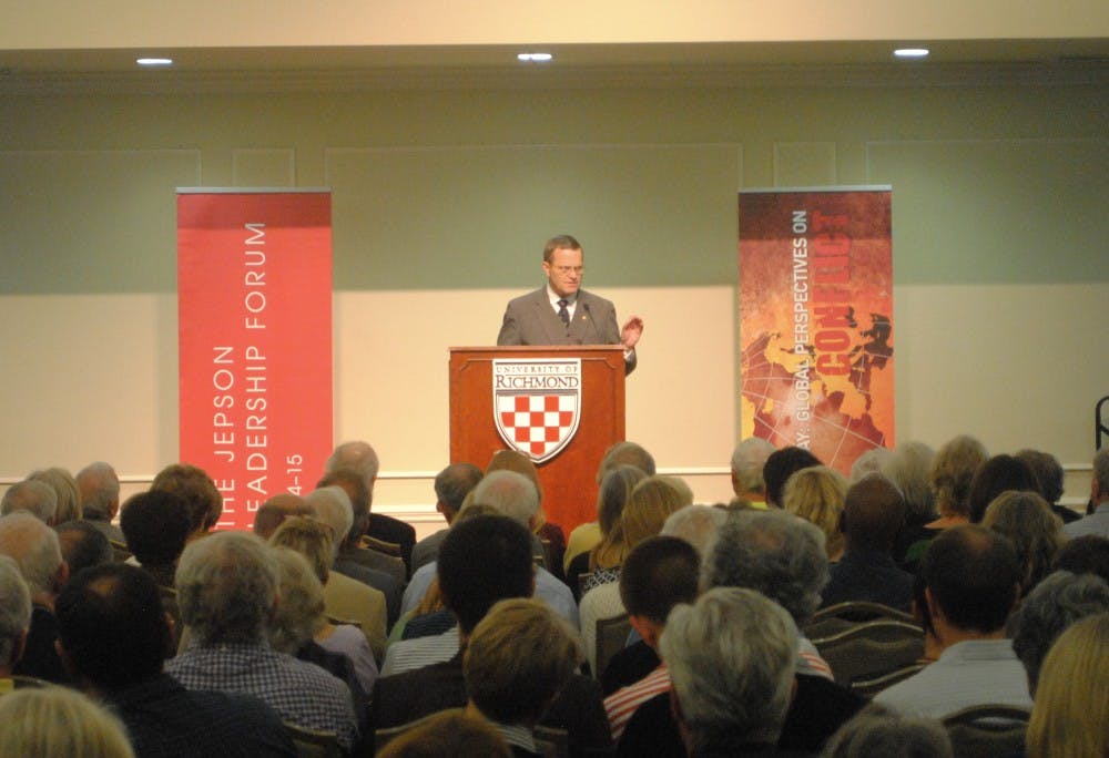 <p>Maj. Gen. Michael Lehnert addresses his audience at the Jepson Alumni Center. Photo by RJ Morrison.</p>