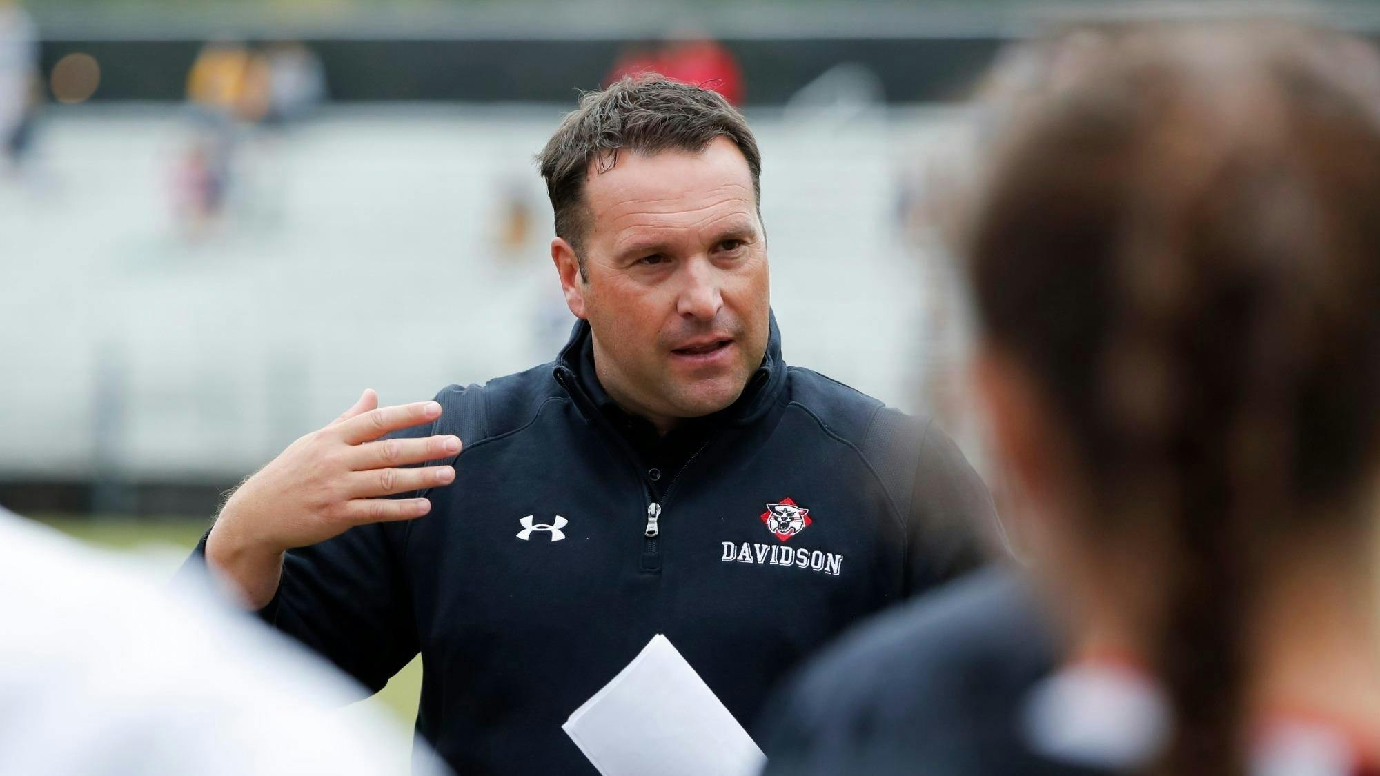 Adam Denton coaching soccer at Davidson. Photo courtesy of Richmond Athletics.&nbsp;