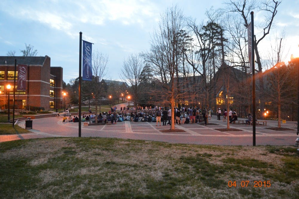 Students gathered in the University Forum to support victims of sexual assault.