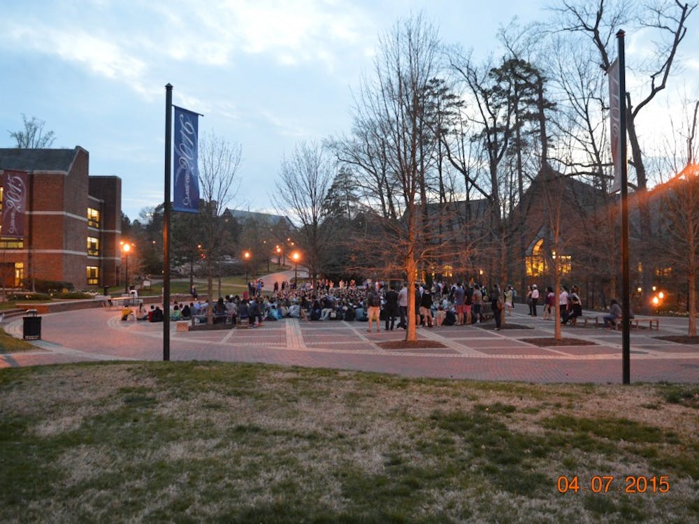 Students gathered in the University Forum to support victims of sexual assault.