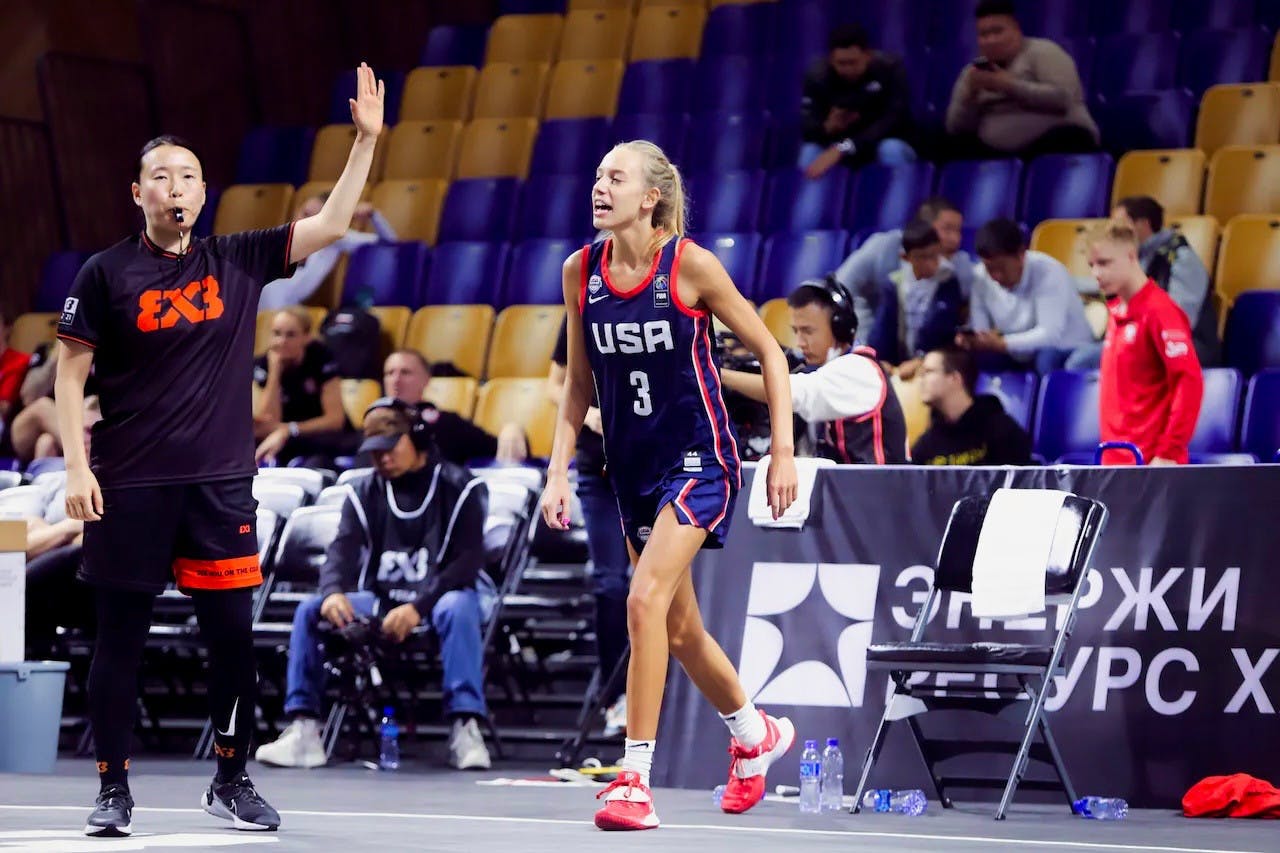 Senior UR women’s basketball player Kylee Lewandowski playing for the USA during women's &nbsp;FIBA (International Basketball Federation). Photo courtesy of Kylee Lewandowski.