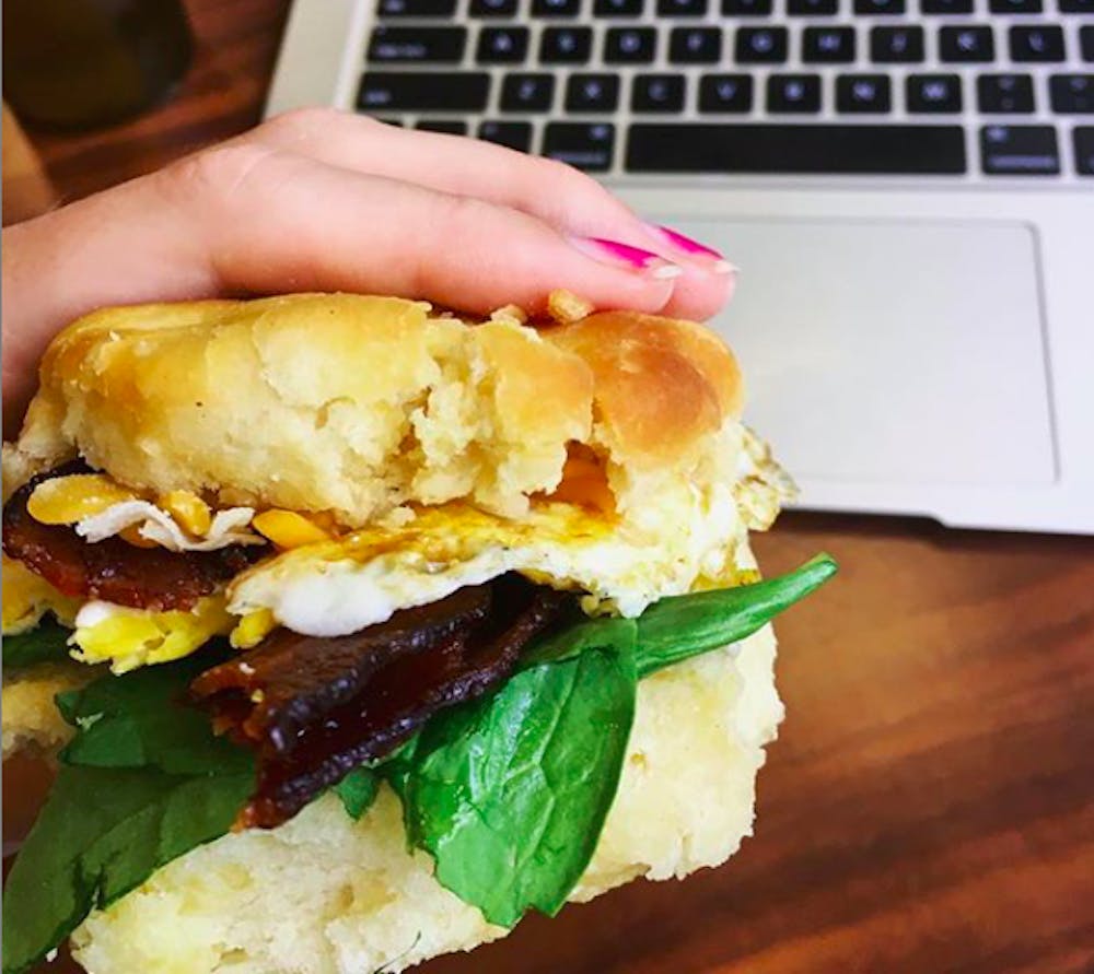 <p>A breakfast sandwich made from food at the Heilman Dining Center. <em>Photo courtesy of the "Dhall hacks" </em><a href="https://www.instagram.com/dhallhacks/" target="_blank"><em>Instagram page</em></a><em>.&nbsp;</em></p>