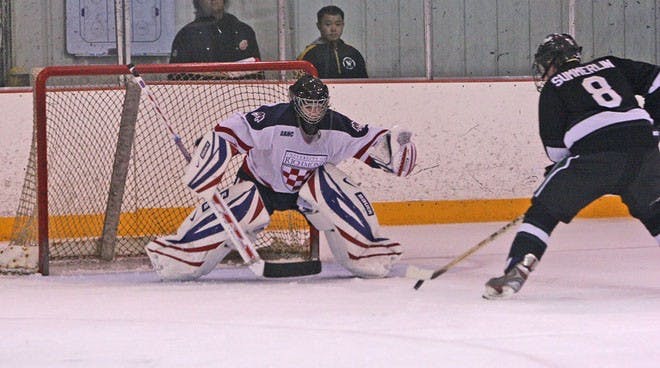Cameron Purves, No. 33, goalie, during the club hockey team's win over Loyola
