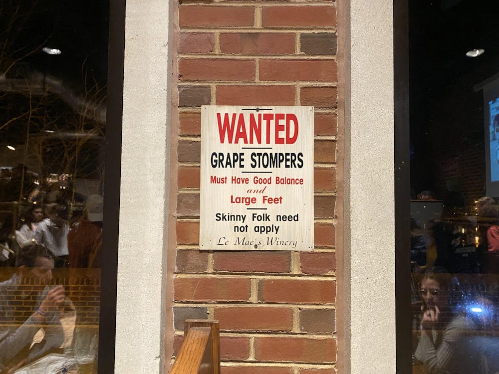 A now-removed sign in The Cellar reads, "Wanted grape stompers must have good balance and large feet skinny folk need not apply Le Mae's winery." The sign was removed in late January after The Cellar received reports that certain signs were offensive. 