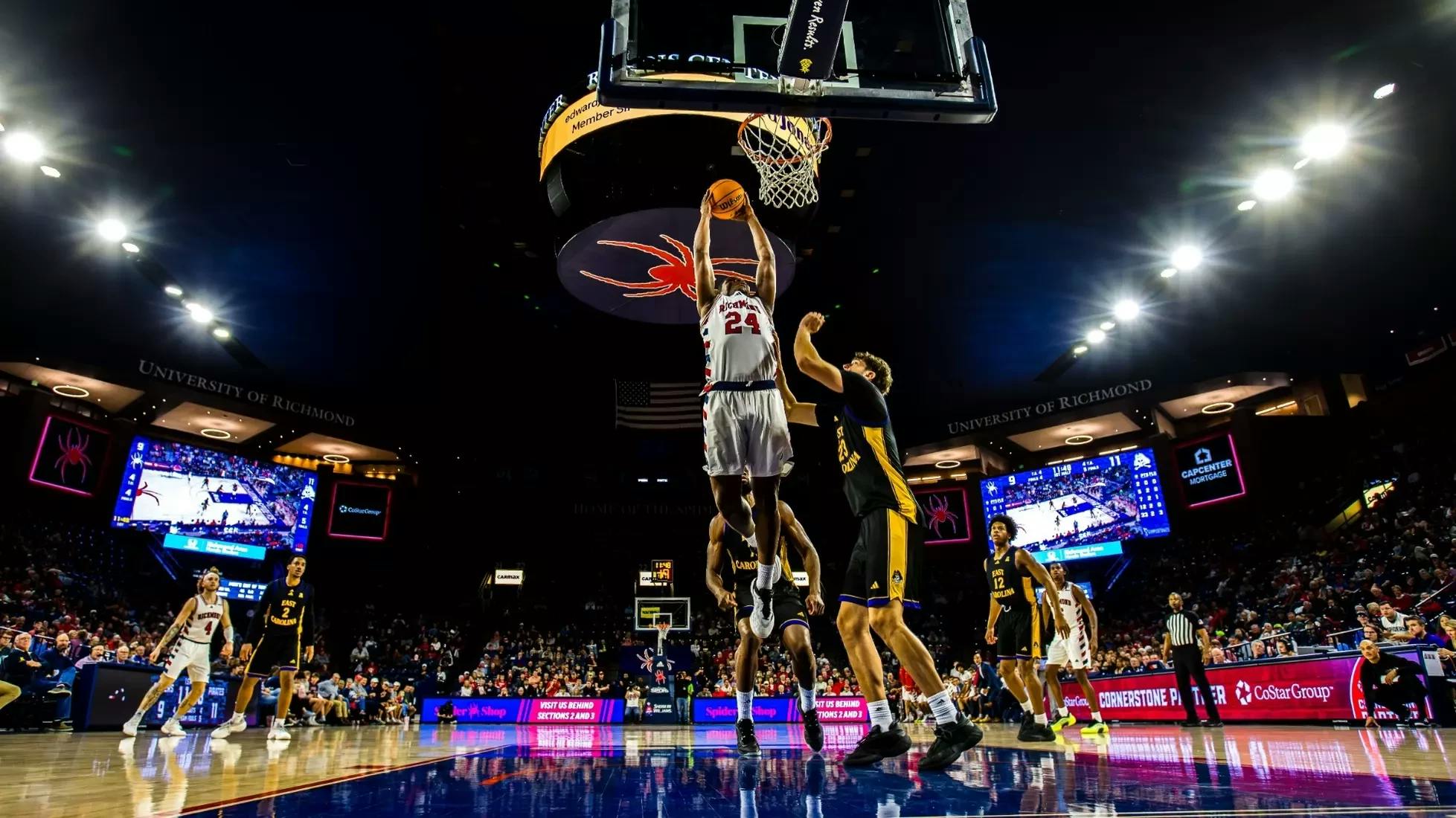 Redshirt first-year forward Jaylen Robinson with a game-tying dunk vs. East Carolina University. Courtesy of Richmond Athletics