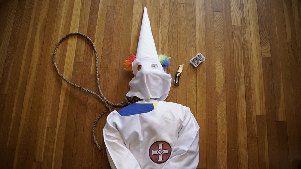 A close-up shot of one of the eight clown effigies that activist group INDECLINE hung in Brian Park on Thursday morning.