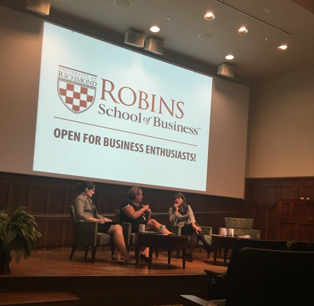 <p>Three professional women discuss workplace discrimination in Ukrop Auditorium.</p>