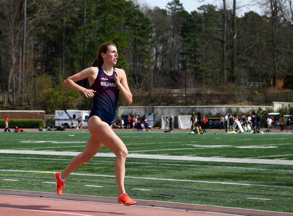 <p>Senior Jordan Angers places first in the women's 3000 meter run during the Saturday session of the Fred Hardy Invitational.&nbsp;</p>