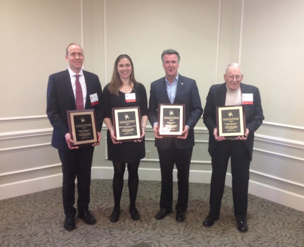 <p>The&nbsp;2016 University of Richmond Hall of Fame class was inducted last Saturday.&nbsp;From left: George Edelman, Kristen Samuhel Clarey, Bruce Allen, Warren Mitchell</p>