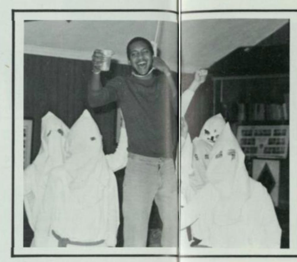 <p>A photo of Michael Kizzie, '81, in the 1980 University of Richmond yearbook. An excerpt on the same page read “Kizzie ‘hangs’ around lodge.”&nbsp;</p>