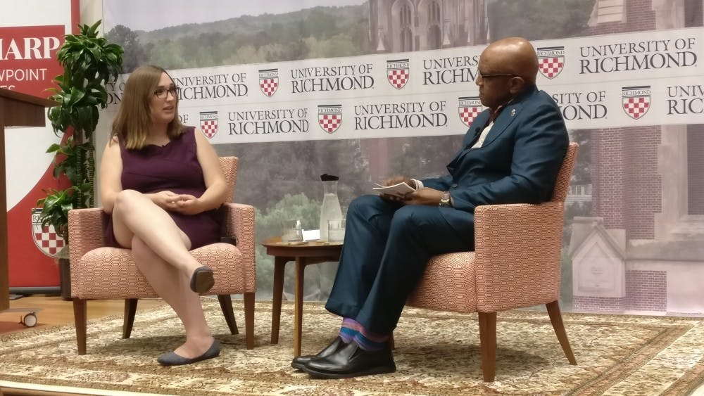 <p>Sharp Viewpoint Series speaker Sarah McBride discusses LGBTQ advocacy with President Ronald A. Crutcher.</p>