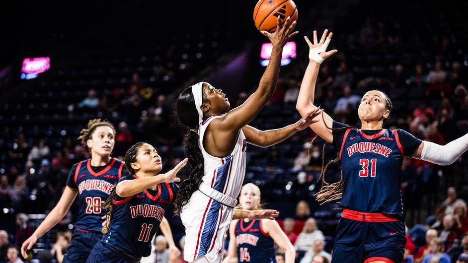 Graduate guard Laren VanArsdale during the Feb. 28 game against Duquesne University. Courtesy of Richmond Athletics.