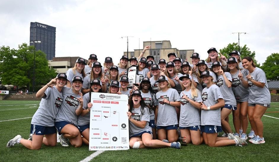 The Spiders celebrate their May 5 win against the University of Massachusetts. Courtesy of Richmond Athletics.