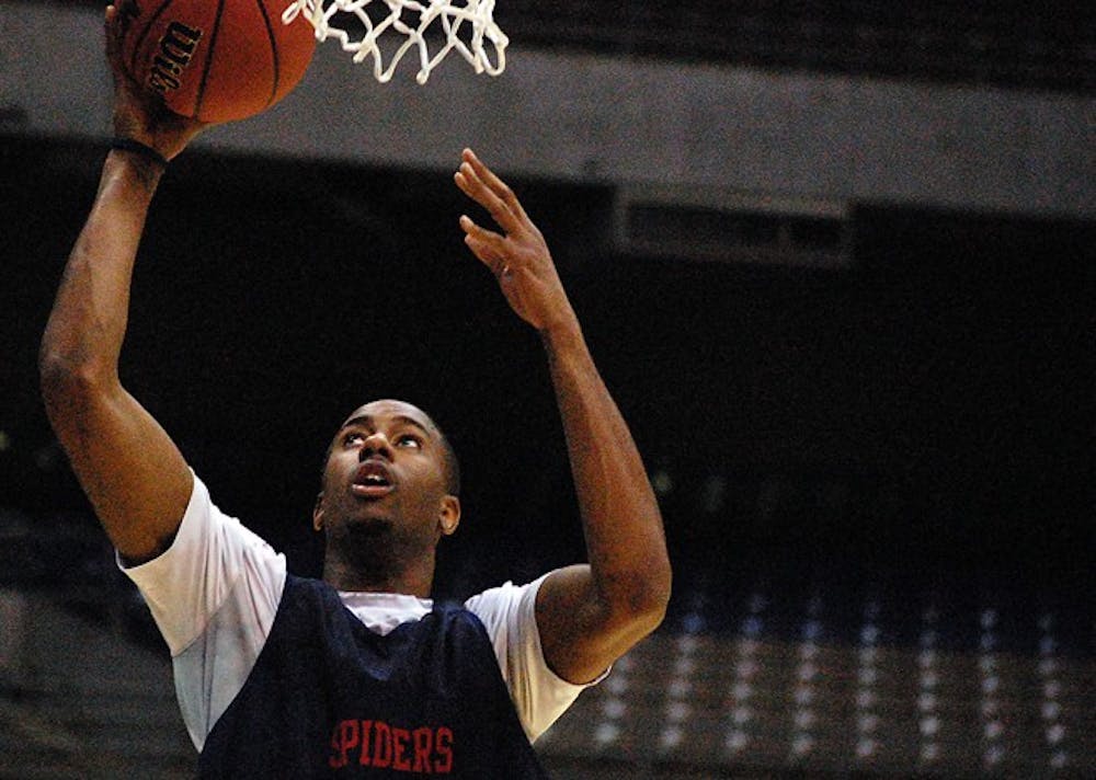 University of Richmond junior forward Darrius Garrett (1) goes up for a layup during a team practice at the Alamadome in San Antonio on Thursday, March 24, 2011, a day before the Spiders' game against No. 2 ranked University of Kansas. (Andrew Prezioso/The Collegian)