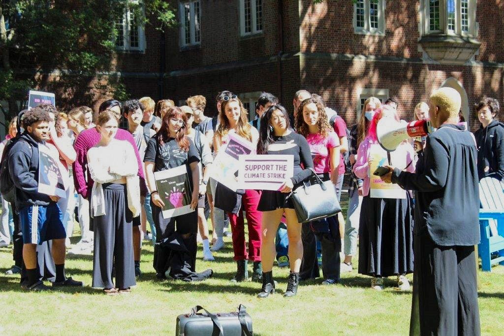 Senior Mckenna Dunbar addresses the crowd at the climate strike on Sept. 23.&nbsp;
