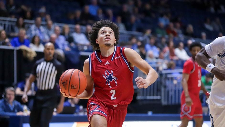 Graduate guard Jordan King during the Feb. 21 game against the University of Rhode Island. Courtesy of Richmond Athletics.