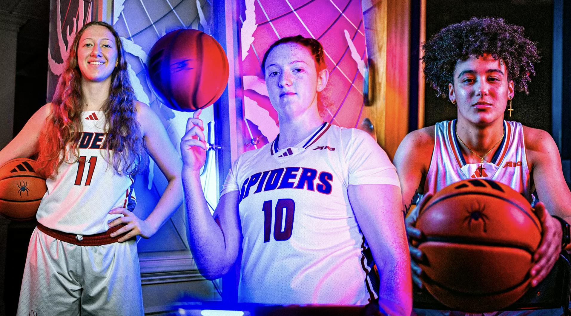 (Left to right) Sam Dewey, Stephanie Ouderkirk, and Faith Alston, three of the four transfer student-athletes joining the University of Richmond women's basketball program. Courtesy of Richmond Athletics.