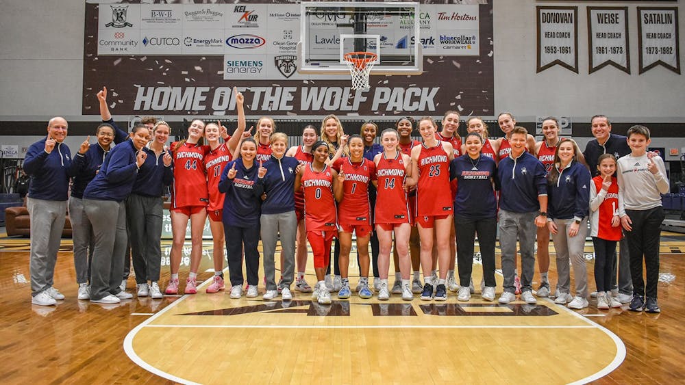 <p>The women’s basketball team celebrated the end of the regular season after a 61-46 away victory against St. Bonaventure University on March 2. Courtesy of Richmond Athletics.</p>