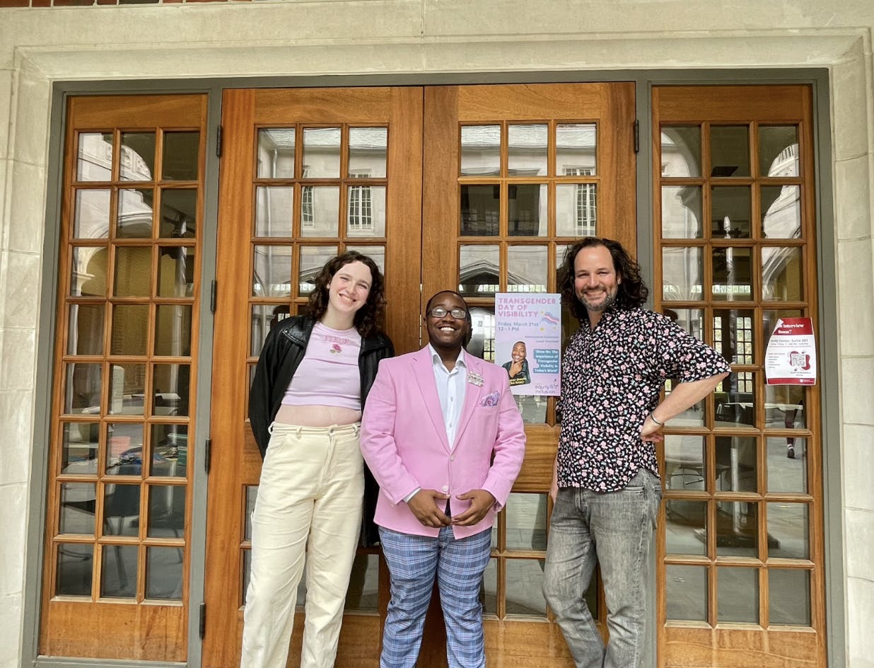Associate director of LGBTQ+ campus life Casey Butler, speaker Dexter Davis and UR first-year Jasmine Khatcheressian at trans day of visibility luncheon on March 31.&nbsp;