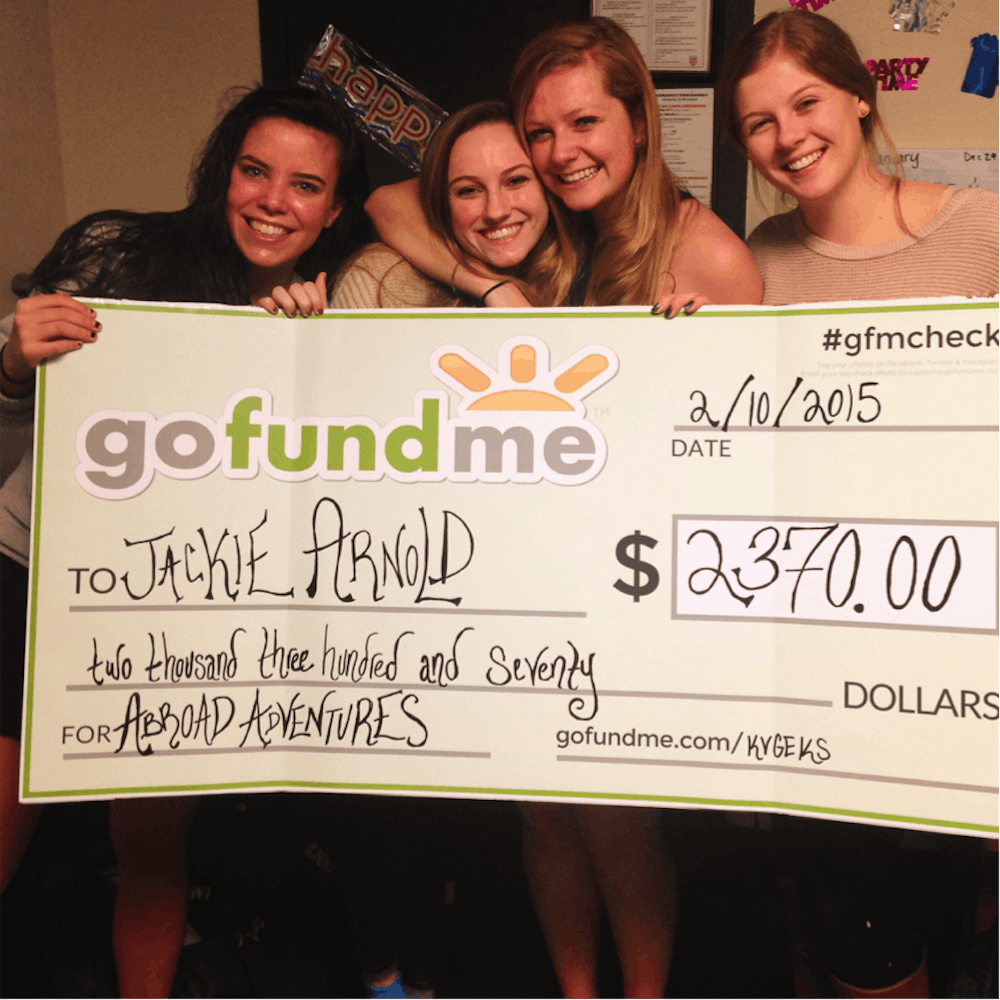 <p>While Arnold was fundraising for cancer research through her marathon, her suite mate, sophomore Holly Speck, started a GoFundMe campaign to surprise her with a trip abroad in the fall for her birthday. From left to right: Sophomores Molly Aaronson, Kate Buckley, Jackie Arnold and Holly Speck.</p>