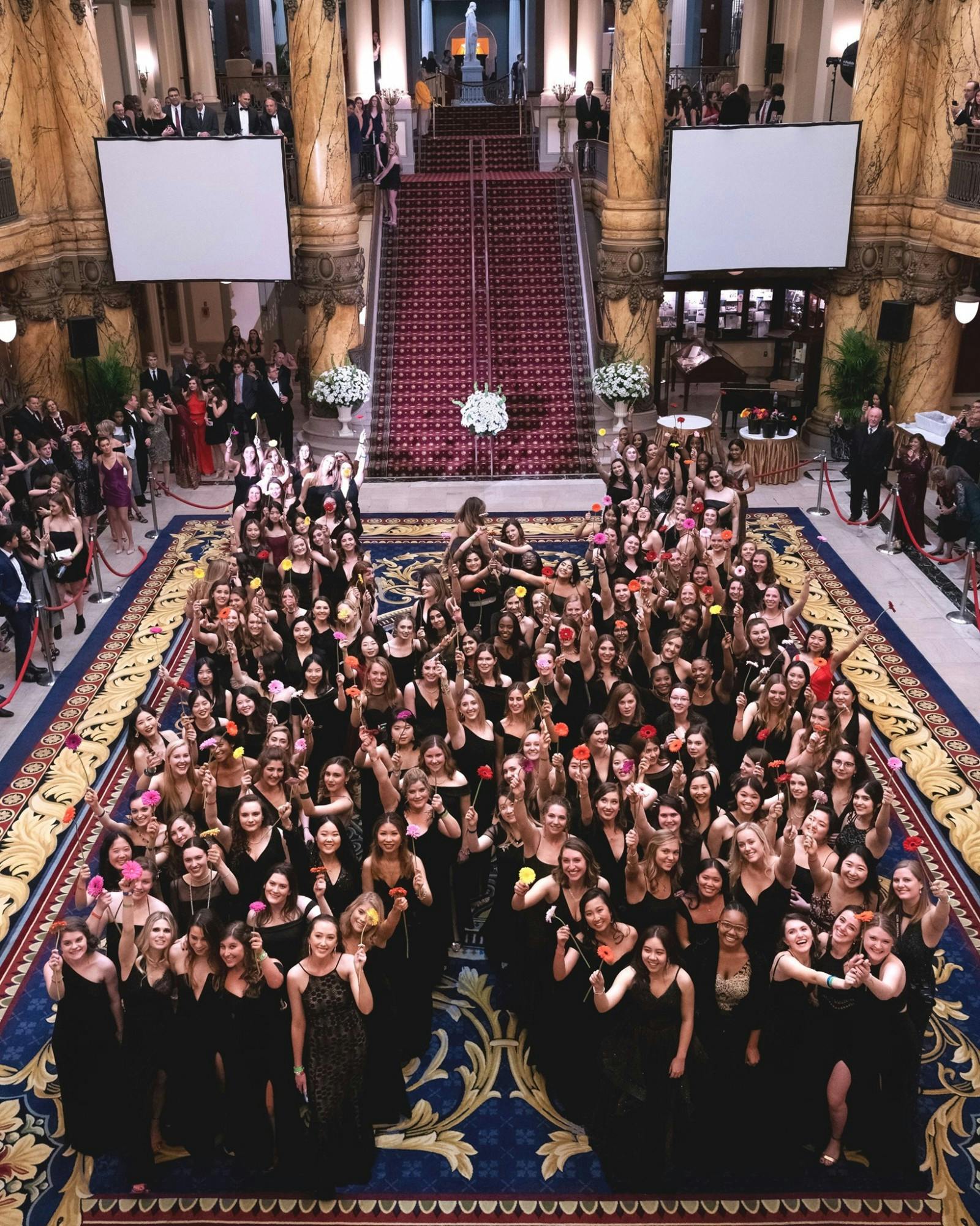 Westhampton College class of 2021 students pose for a group picture at this past year's Ring Dance ceremony. Photo courtesy of the University of Richmond Facebook page