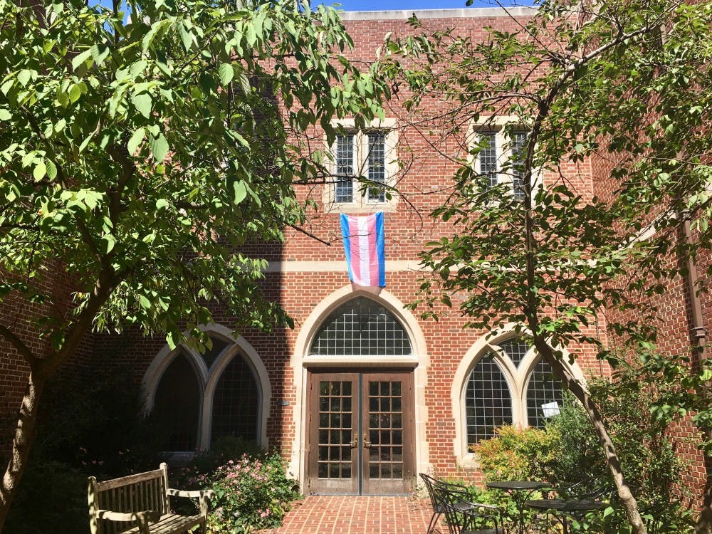 A transgender pride flag hung over an entrance to the T. C. Williams&nbsp;School of Law.&nbsp;