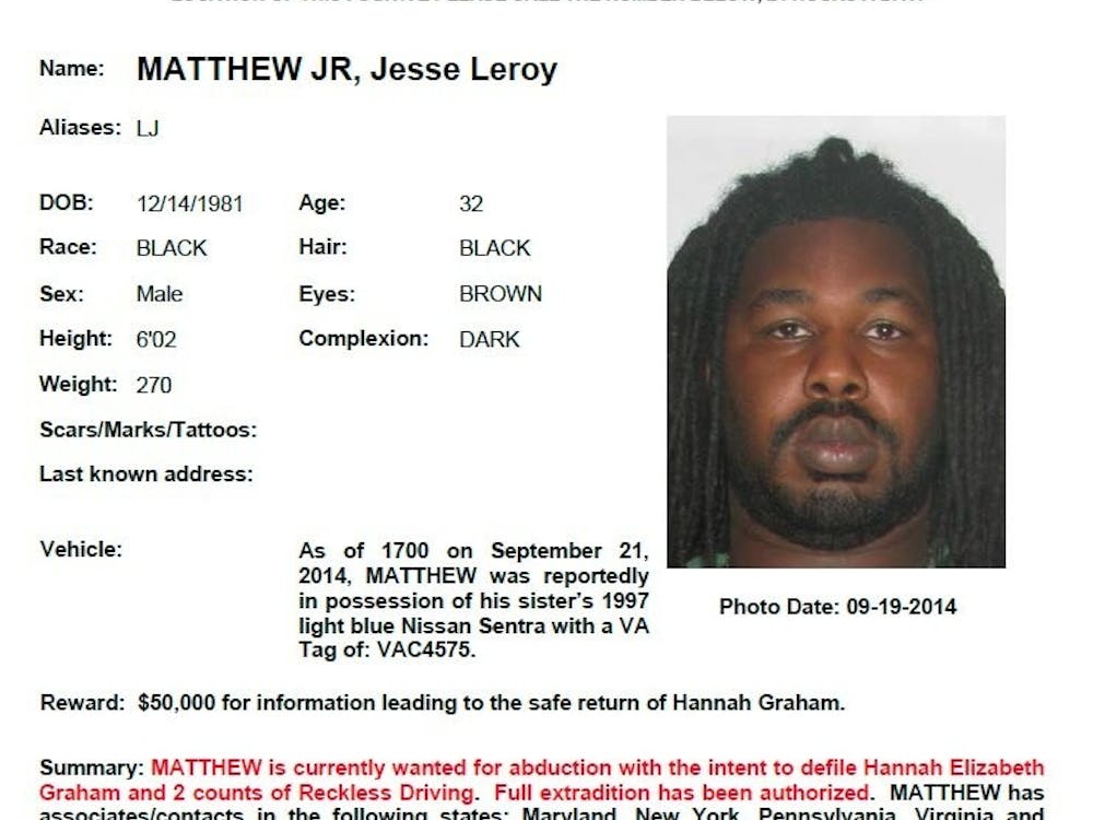 The wanted poster for Jesse Leroy Matthew, Jr, the person of interest in the missing UVA student case.