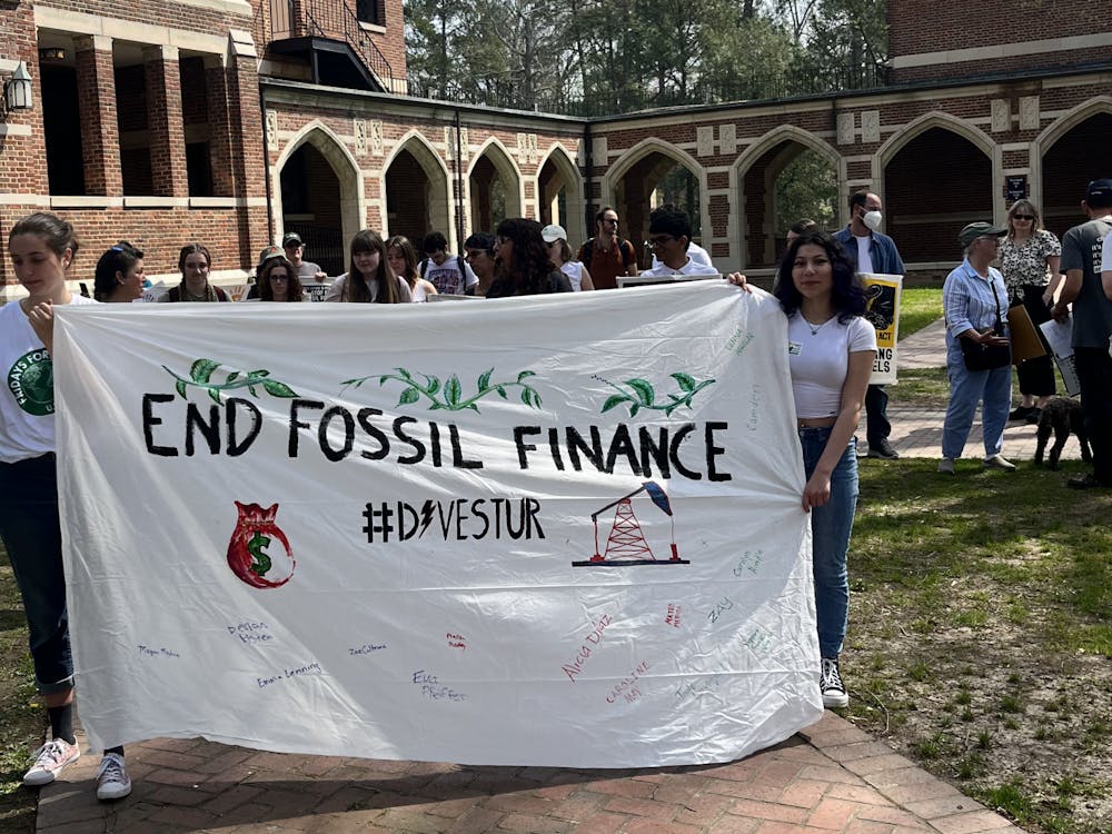 Students during a protest to stop UR from investing the endowment in oil, coal and fossil by 2030 on March 25. Photo courtesy of Eva Pfeiffer.&nbsp;