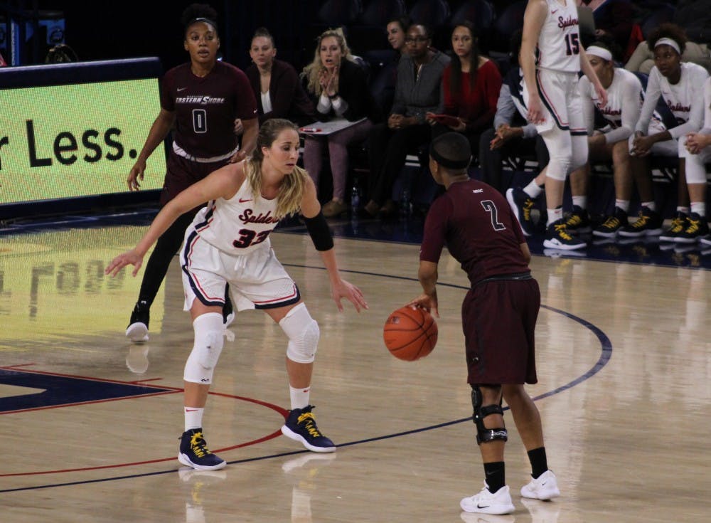 <p>Junior Amy Duggan during the women’s basketball win over the University of Maryland Eastern Shore, 57-55, on Nov. 14.</p>