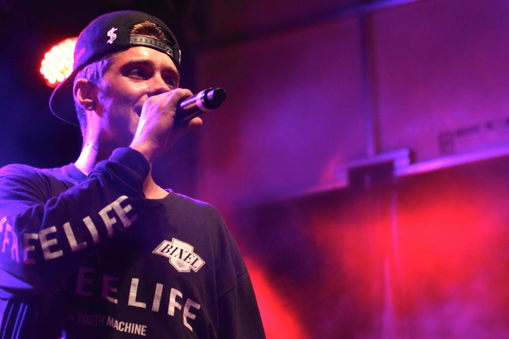 <p>Rapper Sammy Adams performs for hundreds of students at the Richmond Homecoming Concert.</p>