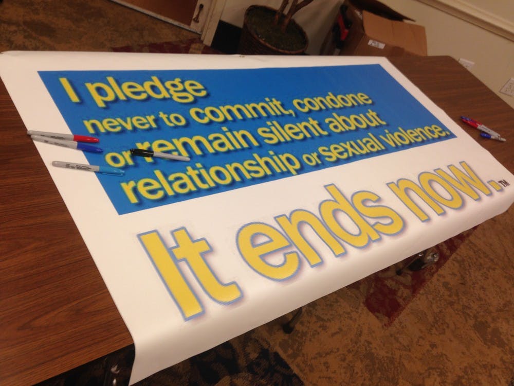 A poster set up in the Alice Haynes room for the It Ends Now event in September.