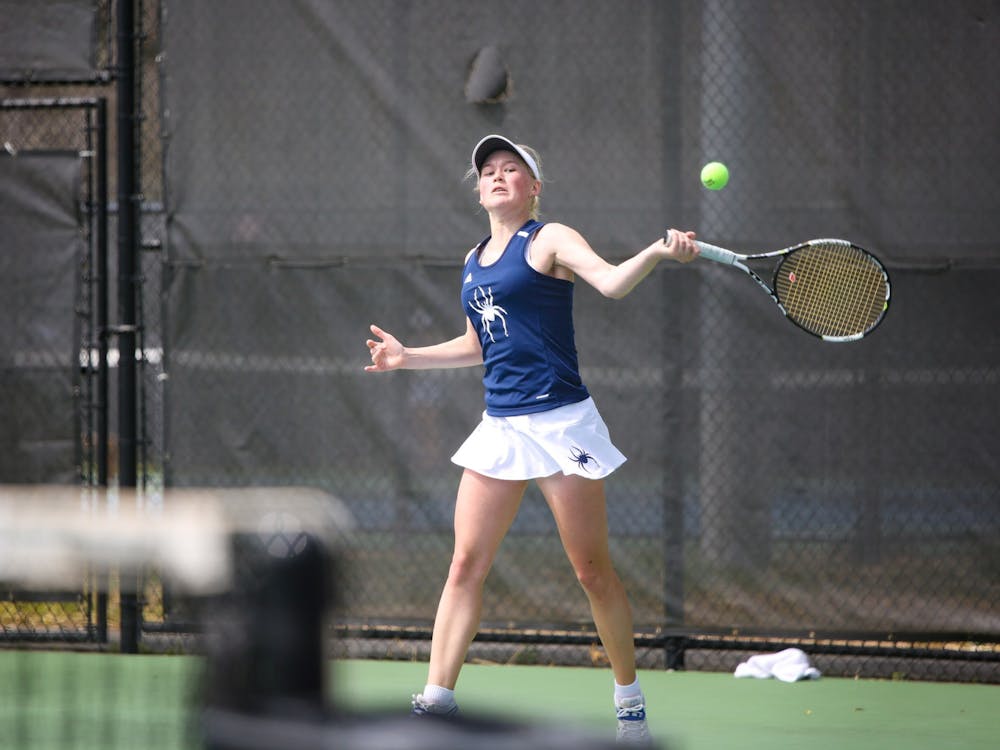 Helene Heiberg swings the racket during the match against Longwood University at the Westhampton Tennis Courts on April 6.&nbsp;