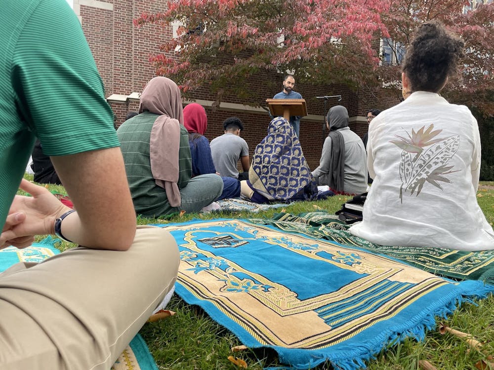 <p>Muslim Chaplain Waleed Ilyas speaks Friday, October 27 in front of Cannon Memorial Chapel.</p>