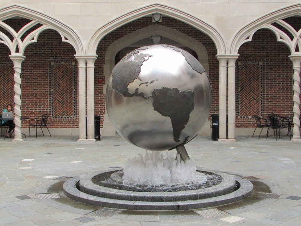<p>This globe sits in the courtyard of the Carole Weinstein International Center, which houses the Office of International Education.&nbsp;</p>