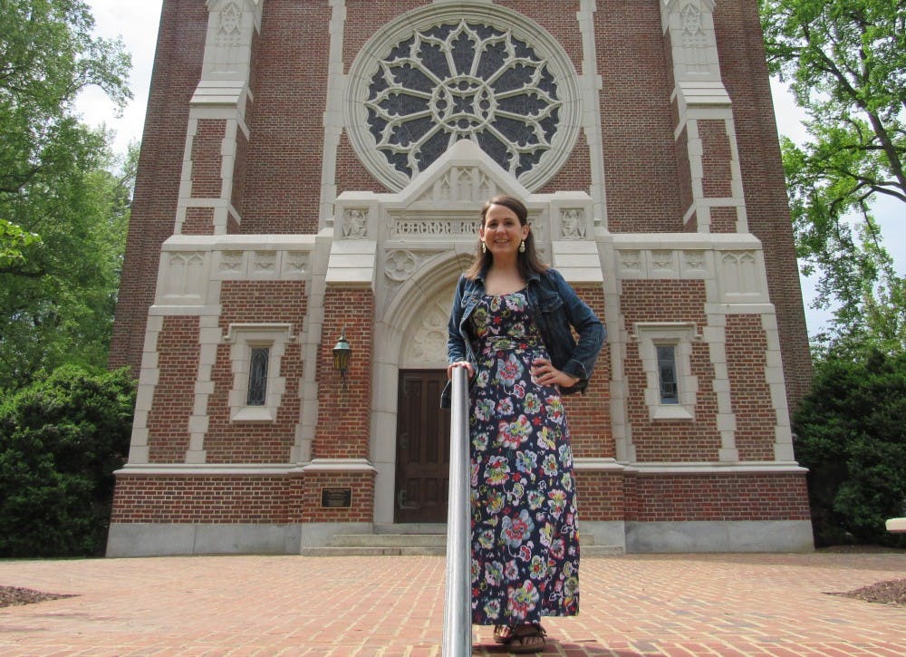 Sarah Petty stands in front of Cannon Memorial Chapel. &nbsp;&nbsp;&nbsp;&nbsp;&nbsp;&nbsp;&nbsp;&nbsp;&nbsp;&nbsp;&nbsp;&nbsp;&nbsp;&nbsp;&nbsp;&nbsp;&nbsp;&nbsp;&nbsp;&nbsp;&nbsp;&nbsp;&nbsp;&nbsp;&nbsp;&nbsp;&nbsp;&nbsp;&nbsp;&nbsp;