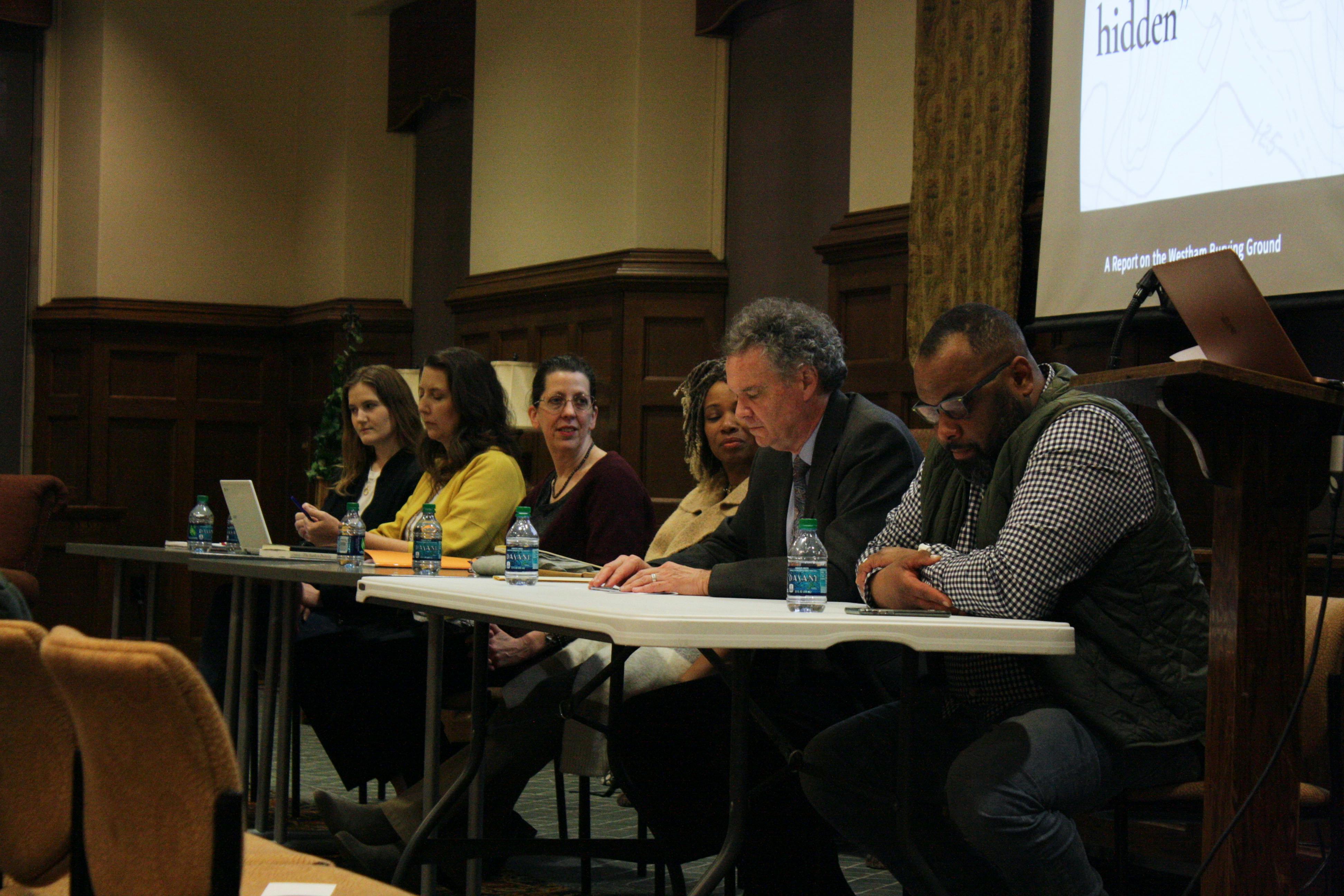 From left: Panelists Catherine Franceski, Suzanne Slye, Shelby Driskill and Lauranett Lee, and moderaters Edward Ayres and Julian Hayter discuss the Westham Burial Ground, Robert Ryland and Douglas Freeman at the History Week panel on March 3.