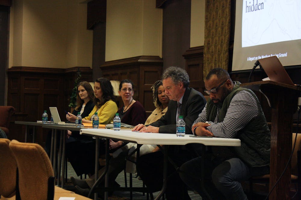 <p>From left: Panelists Catherine Franceski, Suzanne Slye, Shelby Driskill and Lauranett Lee, and moderaters Edward Ayres and Julian Hayter discuss the Westham Burial Ground, Robert Ryland and Douglas Freeman at the History Week panel on March 3.</p>
