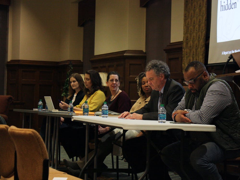 From left: Panelists Catherine Franceski, Suzanne Slye, Shelby Driskill and Lauranett Lee, and moderaters Edward Ayres and Julian Hayter discuss the Westham Burial Ground, Robert Ryland and Douglas Freeman at the History Week panel on March 3.