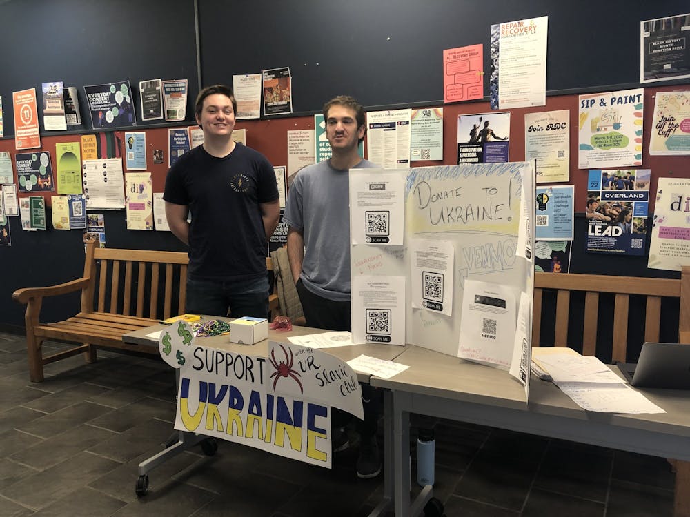 Members of the Slavic Club raise funds on March 1 in the Tyler Haynes Commons for organizations aiding Ukraine.