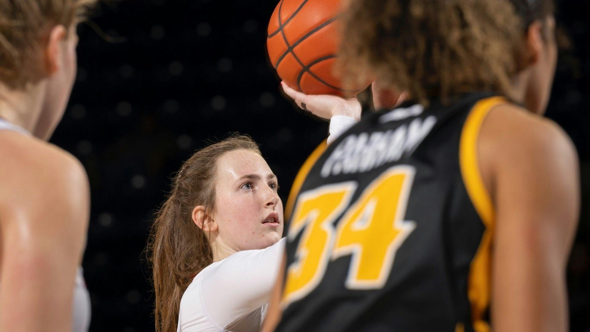 First-year Forward Maggie Doogan takes a free throw during the game against VCU on Jan. 11 at the Robins Center. Photo courtesy of Richmond Athletics.&nbsp;