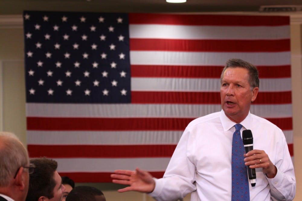 <p>John Kasich, Governor of Ohio and Republican presidential candidate, speaks to an audience on campus. </p>