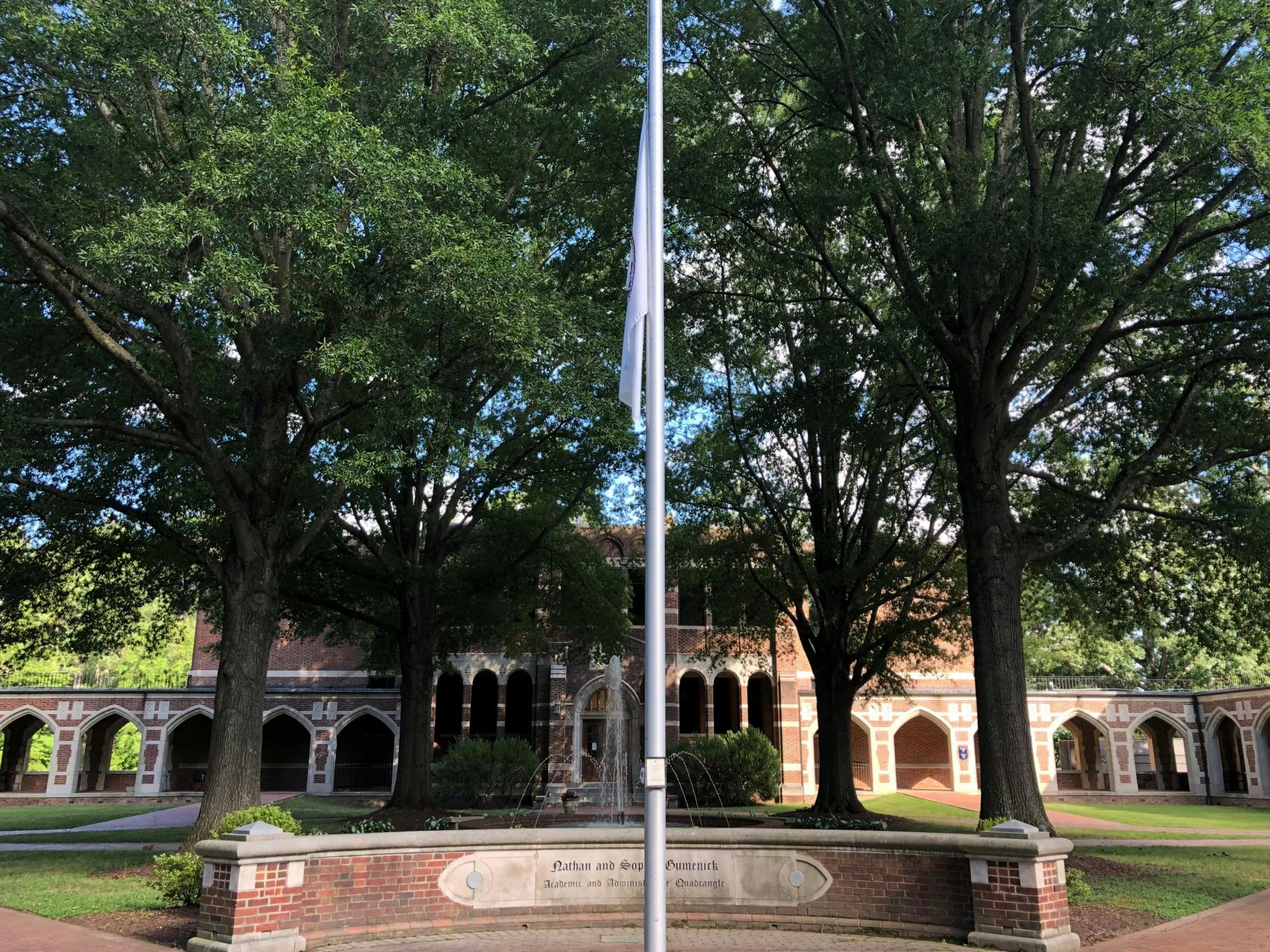 The University of Richmond flag flies at half-staff.&nbsp;