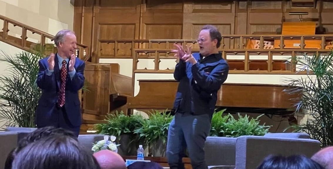 University chaplain Rev. Craig Kocher and Rainn Wilson during the April 1 event.