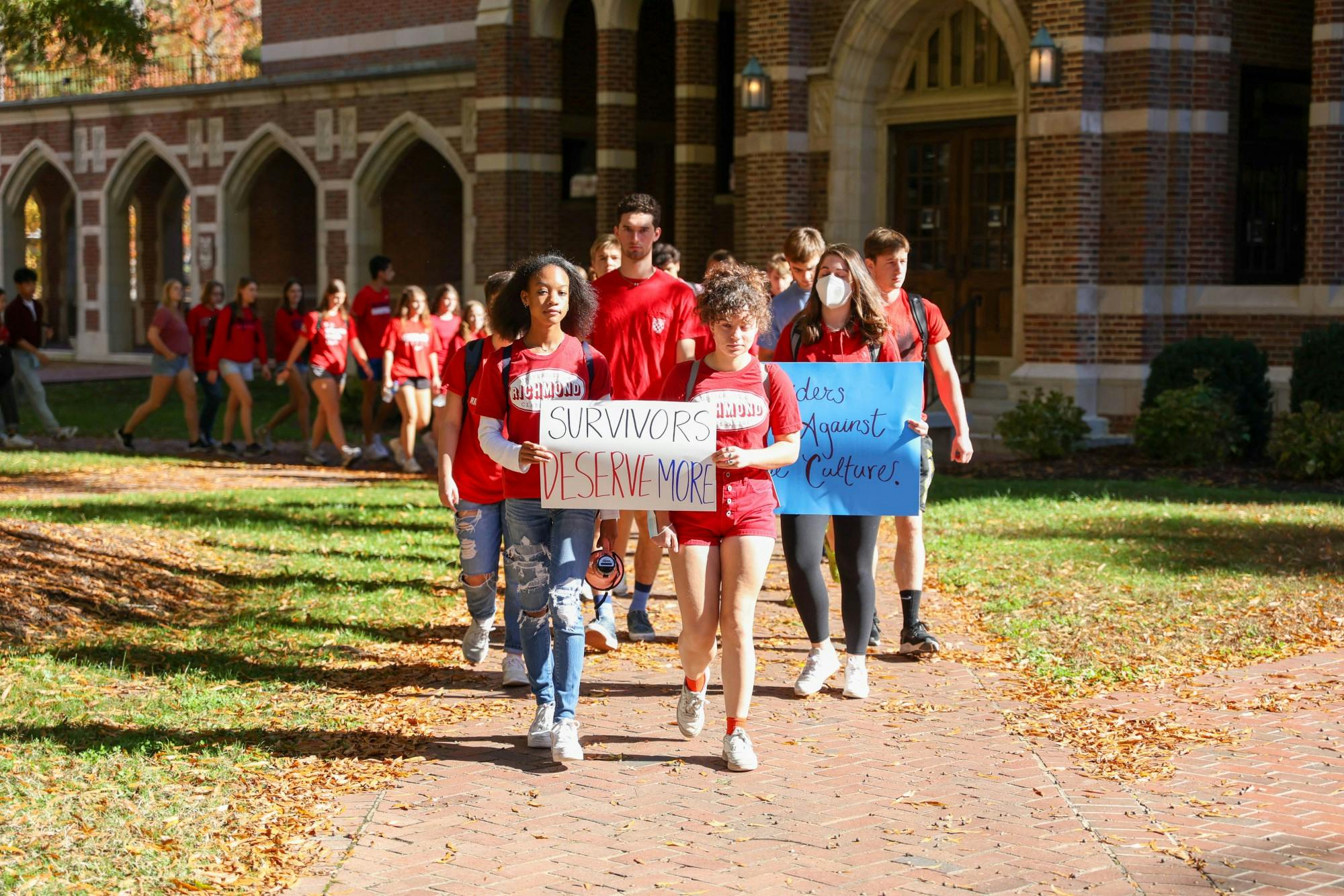 Editor's note: Confidential sexual assault resources for UR students include CARE Advocates, which can be reached at advocate@richmond.edu or 804.801.6251; Peer Sexual Misconduct Advisors (PSMA), at psma@richmond.edu or 804.346.7674; CAPS, at CAPS@richmond.edu or 804.289.8119; Virginia LGBTQ Partner Abuse and Sexual Assault Helpline (24/7), at 866.356.6998; Greater Richmond Regional Hotline (24/7), at 804.612.6126; National Sexual Assault Hotline (24/7) at 800.656.HOPE.

University of Richmond students, staff and faculty gathered on campus Friday for a silent march in solidarity with survivors of sexual assault. The march, named Take Back oUR Night after protests in the 1970s against violence against women, began at noon on the lawn between the E. Claiborne Robins School of Business and the T.C. Williams School of Law and ended at the Westhampton Green after a student-led discussion.