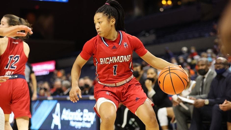 Sophomore guard Grace Townsend dribbles the ball at the women's basketball game against La Salle University on Jan. 23. Photo courtesy of Richmond Athletics.