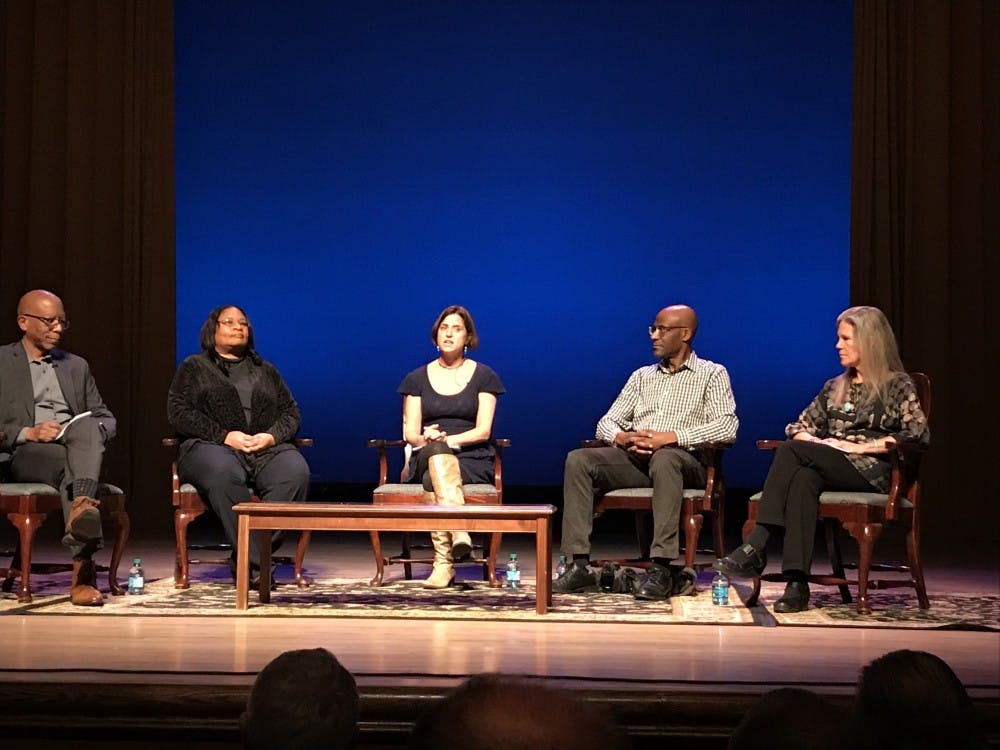 <p>From left, Michael Paul Williams, Elvatrice Belsches, Laura Browder, Brian Palmer and Ashley Kistler speak at a panel on new museum exhibit “Growing Up in Civil Rights Richmond: A Community Remembers.”</p>