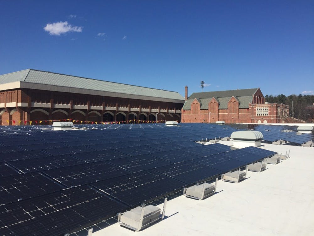 Solar panels stretch across the&nbsp;roof of the Weinstein Center