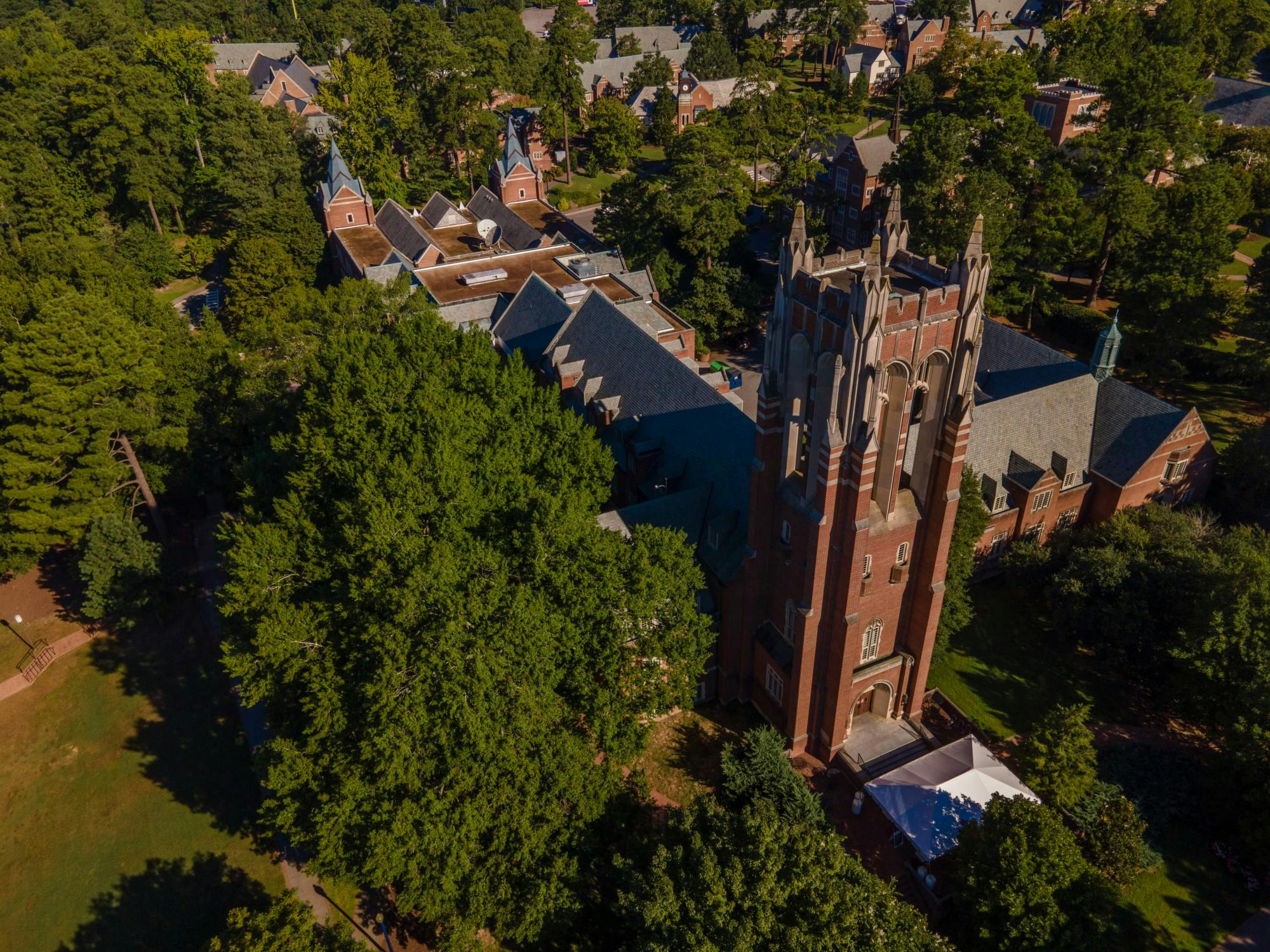 The tower at Boatwright Memorial Library gazes across campus.